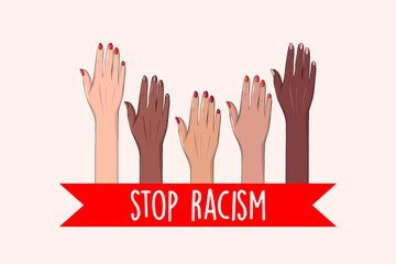 Stop racism concept, Black live matter USA protest against discrimination vector art. Equality rights symbol, rebel quote, activist slogan, global unity power collaboration