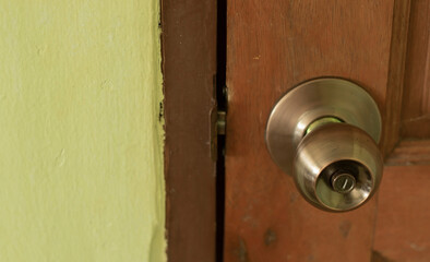 Stainless steel knob attached to the brown wooden door