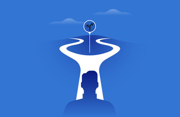Man standing in street crossroad, modern flat gradient illustration for psychology guidance or career path concept. Lost person stuck between two decisions, business opportunity or life choice idea.