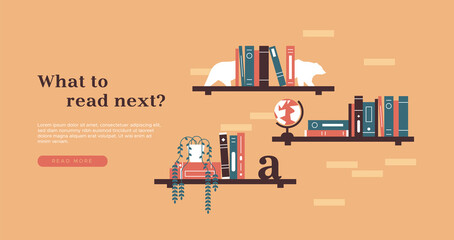 Book reading illustration template for landing page background. Modern minimalist books shelf collection with home interior decoration, leisure literature or textbook education concept.