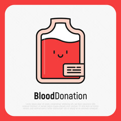 Blood donation concept: thin line blood bag icon with happy face. Vector illustration. 