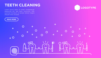 Teeth cleaning concept in thin line style for kids. Two happy tooth, boy and girl, are holding hands with toothpaste and brush and smiling. Vector illustration.