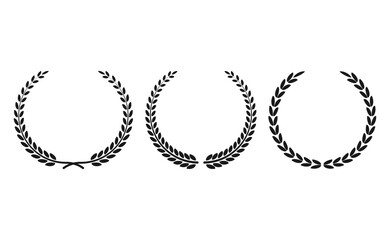 Set black silhouette circular laurel foliate, wheat and oak wreaths depicting an award, achievement, heraldry, nobility on white background. Emblem floral greek branch flat style - stock vector