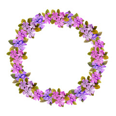 A wreath of purple flowers in watercolor