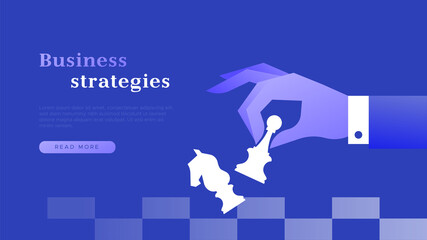 Business strategy web template illustration in modern flat gradient style. Businessman hand holding chess piece for finance victory, company leadership or office boss concept.