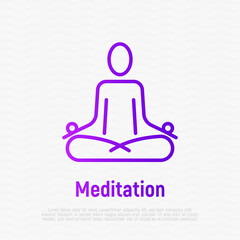 Simple sign of human in lotus pose for logo of meditation yoga school, class, spa salon. Thin line icon. Vector illustration.