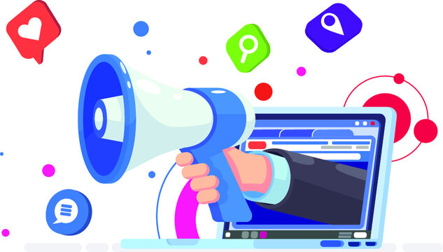 Aggressive Marketing Illustration. Flat Vector Loudspeaker Megaphone From Laptop With Social Media Icons.