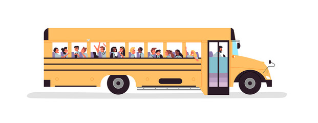 Diverse children group inside schoolbus for back to school concept or educational field trip with elementary students. Flat cartoon character kids on isolated white background.