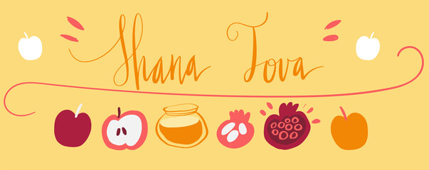 Hand drawn vector illustration for Rosh Hashana Jewish new year holiday. Apples, pomegranate and honey. Brush lettering phrase Shana Tova Happy new year in Hebew