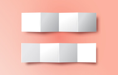 Realistic folded paper strip template on pink background. Isolated white brochure mock up set with empty copy space.