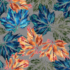 Leaves blue orange set watercolor, seamless pattern, gray background