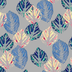 Watercolor blue yellow leaves set, seamless pattern, gray background