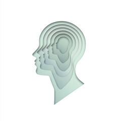 White papercut human head template on isolated background. Realistic layered 3d man portrait silhouette for psychology or personality concept.