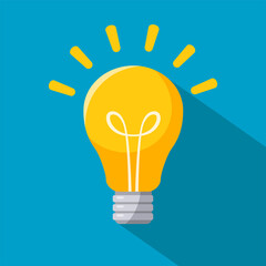 Light bulb with long shadow, flat design. Creative idea concept. Simple cartoon illustration isolated on blue background. Vector icon. Eps 10.