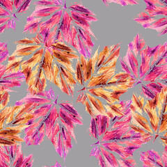 Pink orange watercolor set leaves, autumn seamless pattern, gray background