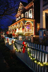 Pretty Victorians are decorated for the Christmas Season in Cape May, New Jersey