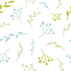 Floral vector seamless pattern. Blue and green leaves on white background. Abstract floral pattern. Vector illustration. Simple design for fabric, wallpaper, scrapbooking, textile, wrapping paper