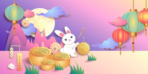 Mid autumn festival / Chinese festival with the moon, moon cake, rabbit, lantern, cloud and flowers on color paper. Vector illustration