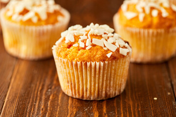 Traditional fresh dessert chocolate muffin on wooden background