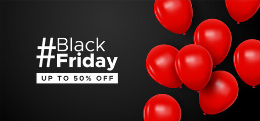 Black Friday sale web template, special holiday discount. Realistic 3D balloons and text quote for online store or internet promotion. 