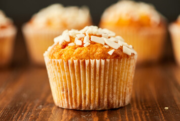 Traditional fresh dessert chocolate muffin on wooden background