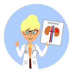 Cartoon female doctor character showing image of unhealthy kidneys. Healthcare concept. Flat vector illustration.