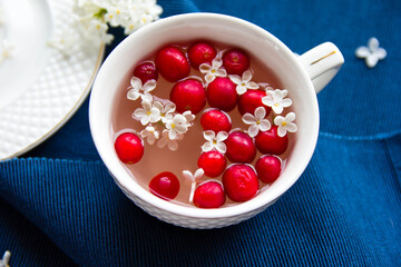 White porcelain cup of tea with cranberries and white lilac blossoms in it. Blue background of a cotton cloth