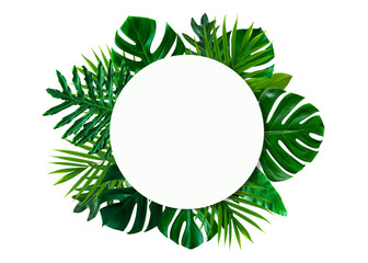 Fototapeta na wymiar creative tropical green leaves and palms with white paper note, nature flat lay concept, copy space background
