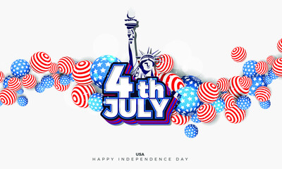 4th of July USA Independence Day Vector Background With liberty of statue and American Theme Balls for banner, poster, advertisement, promotion, brochure, discount, sale
