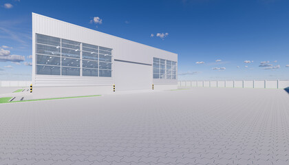 Fototapeta na wymiar Industrial or commercial building. Use as factory, warehouse, hangar and workplace. Protection with security door, roller door or roller shutter. Outdoor floor paving with brick stone. 3d render.