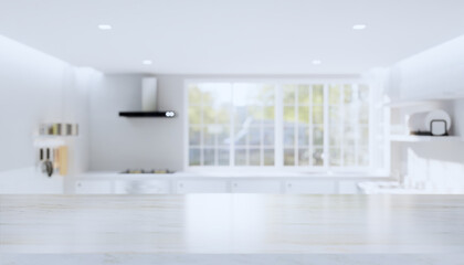 kitchen interior background with counter or table. Decoration with marble or natural stone at top surface look clean and modern. With empty or copy space for mock up or product display. 3d render.