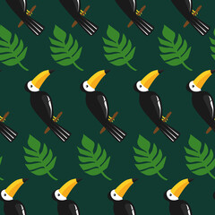 Seamless pattern, birds, palm leaves, hand drawn overlapping backdrop. Colorful background vector. Cute illustration, toucans. Decorative wallpaper, good for printing