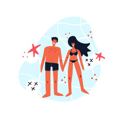 Woman and man standing in the sea. Flat hand drawn illustration of family.