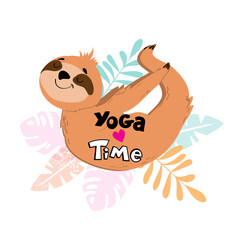 Yoga card with funny sloth in yoga pose and tropical leaves on a white background