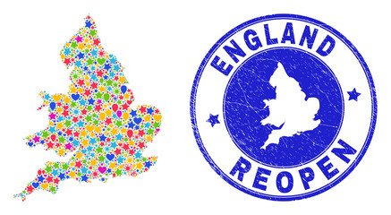 Celebrating England map collage and reopening grunge watermark. Vector collage England map is done of randomized stars, hearts, balloons. Rounded awry blue watermark with unclean rubber texture.