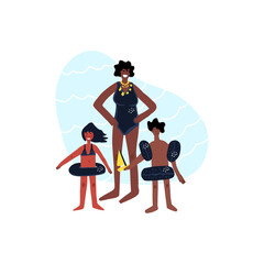 Woman, girl and boy standing in the sea. Flat hand drawn illustration of family.