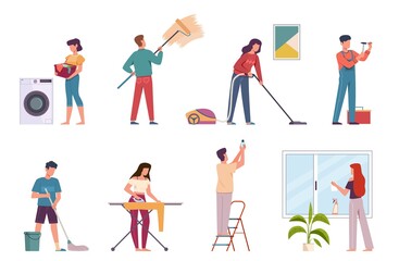 Fototapeta na wymiar People cleaning. Housework cleaning company service, men and women doing chores. Ironing, washing floor and vacuuming vector characters