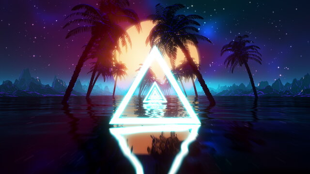 Retro futuristic synthwave landscape. Vintage sci-fi VJ 80s stylized vaporwave 3D illustration with sunset, palms, water, low poly mountains grid. 4K VHS retrowave intro with sun and neon lights