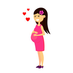 Happy smiling cartoon character of pregnant woman. Vector illustration.