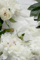 Stunning white peonies on white rustic wooden background. Wedding concept