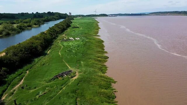 fly over Purton Ship graveyard and Sharpness canal, midday in summer, DJI Mavic drone was used for video