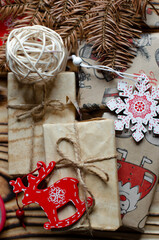 Christmas, New Year gifts packed in craft paper