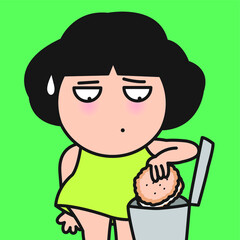 Sad Girl Putting Sweet Biscuits Into A Trash Bin. Woman Refusing To Eat High Fat Food. Diet Concept Card Character illustration