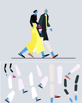 Stylized modern characters for animation or motion graphic.  Side view of a couple walking forward. Young couple character. Flat vector illustration. Some parts of body.