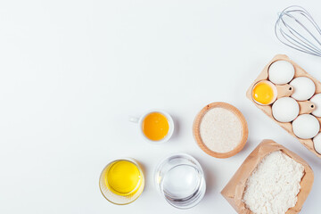 Flat lay baking ingredients for homemade pastry
