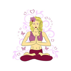 Woman in meditating pose with closed eyes. Welcome gesture of hands. Namaste mudra vector illustration.