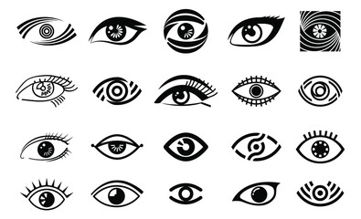 vector eye illustration, logo set, collection of different style eye, vision logotype in black color, black outline eyes, woman eye,isolated on white background, make up, beauty saloon, - obrazy, fototapety, plakaty