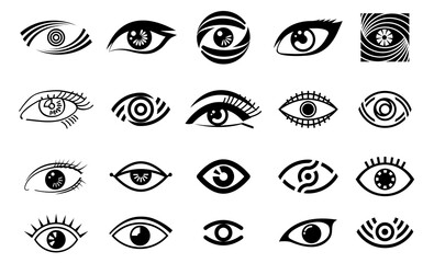  eye illustration, logo set, collection of different style eye, vision logotype in black color, black outline eyes, woman eye,isolated on white background, make up, beauty saloon, - obrazy, fototapety, plakaty