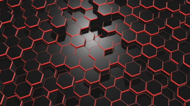 black abstract background of randomly moving hexagons with red backlighting on the sides