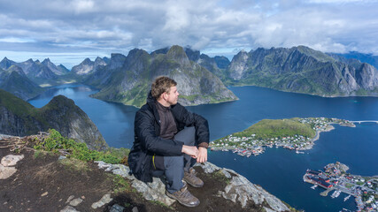 Fototapeta premium Lofoten Islands view from the top of Reinebringen to fjords and ocean